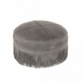 Pouf à Franges Rond Cuir Gris