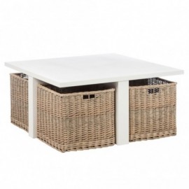 Table basse carrée + 4 paniers en bois blanc 95cm