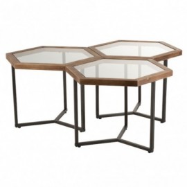 Tables gigognes hexagones x3 en verre et bois pieds métal noir 69cm
