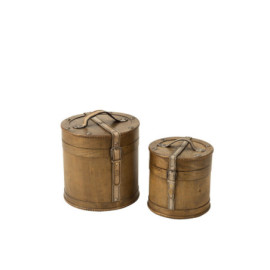 Coffre Rond Bois Beige Set...